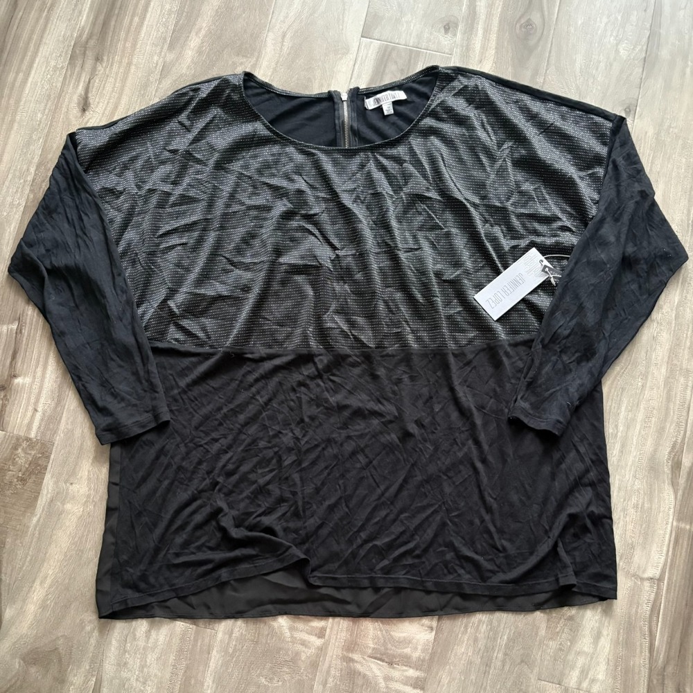 New JENNIFER LOPEZ Top Blouse 1X Black Sheer Dot Woven‎ Back Zip Oversized $54
